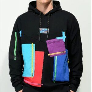 Men's Black Hoodie with Colorblock Pockets - Multicolor Accent